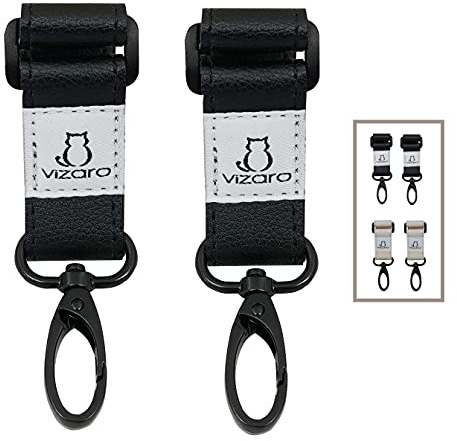 Ganchos Carro Bebé de Lujo de marca Vizaro - 2 uds - Para Colgar Bolsas, Mochilas, etc - Correa Ecopiel Negra Alta Resistencia Hasta 15kg Peso y Giro 360º - Argolla Cerrada Elegante