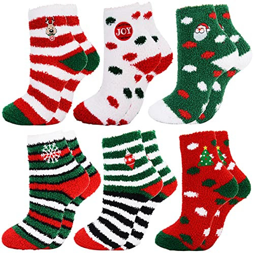 Fascigirl 6 Paare Weihnachtssocken Kuschelsocken Flauschige Weihnachten Socken Lustige Winter Warme Bettsocken Adventkalender Christmas Wichtelgeschenk Geschenk für Frauen Damen