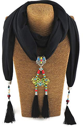 MoreChioce Damen Halskette Schal,Nationaler Stil Anhänger Schal Fransenschal mit Halsschmuck Strass Perlen Ring Frau Winterschal Quaste Schlauchschal,Schwarz Strass