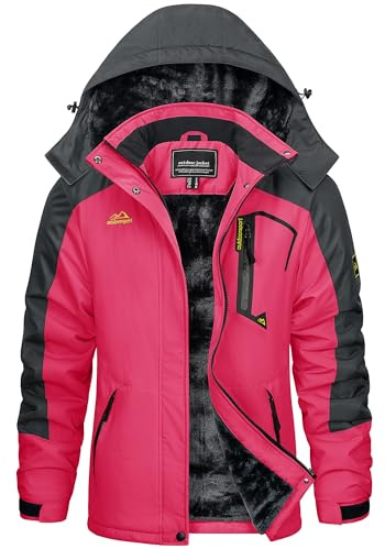 KEFITEVD Giacca invernale da donna con calda imbottitura, giacca di transizione in pile, spessa giacca da sci con cappuccio rimovibile e tasche con cerniera, antivento, giacca da snowboard invernale