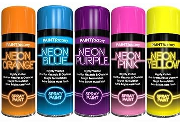 Classic Signature - Neon Pack of 5 Mix Colours Green, Blue, Yellow, Orange, Purple 200ML, Spray Paint Aerosol Fluorescent Bright Graffiti (Banksey) Matt Finish
