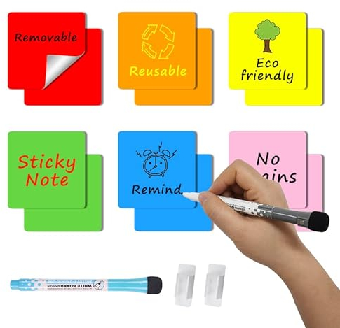 MVISUAL Wiederverwendbare Notizzettel 10 x 10 cm, Wiederverwendbare Haftnotizen,Whiteboard Aufkleber, 12 Stück, Selbstklebend, Waschbar