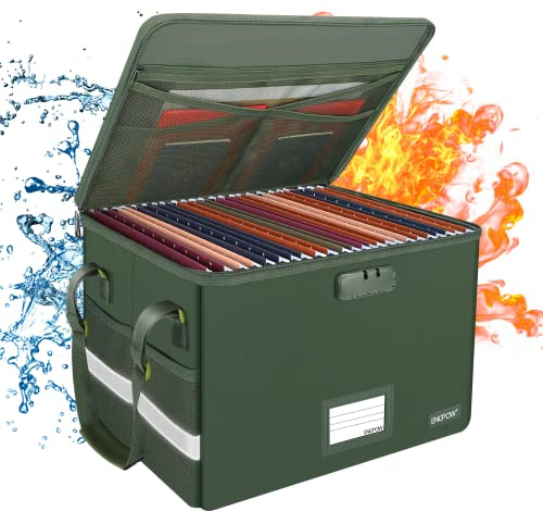 ENGPOW File Box with Lock, Fireproof Document Box with Zipper Lid, Collapsible File Storage Organizer Filing Cabinet with Handle, Portable Home Office Safe for Hanging Letter/Legal Folders, Green