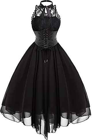 Gothden - Abito da donna senza maniche in pizzo gotico anni 80, per Carnevale, con corsetto, scollo a V, stile swing, da cocktail, Nero , M