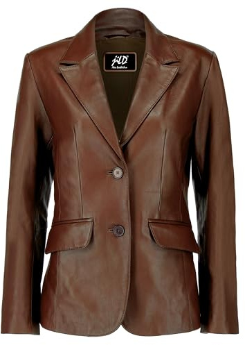 Jild Classic 2-Button Lambskin Leather Blazer Women - Casual Coat Long Sleeves Suit Style Leather Jacket Women (LC-Brn-L)