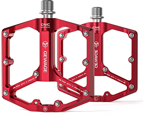 GEWAGE Rennrad-/Mountainbike-Pedale – 3 Lager Fahrradpedale – CNC-gefräste 9/16-Zoll-Flachpedale mit abnehmbaren Anti-Rutsch-Nägeln (Rot)