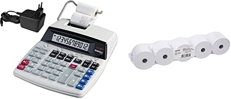 GENIE D69 Plus Druckender Tischrechner, 11891, weiß & Additionsrollen Ersatz-Papierrollen geeignet für Kassen und druckende Tischrechner 40 lfm 100 Prozent Holzfrei 57 x 12 mm, weiß, 5 Stück