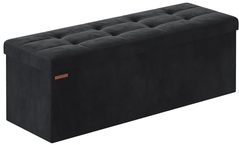 SONGMICS Puff Almacenaje, Banco Plegable, 38 x 110 x 38 cm, Taburete Reposapiés, Pie de Cama, Soporta hasta 300 kg, para Sala de Estar, Dormitorio, Entrada, Negro Tinta LSF277B01