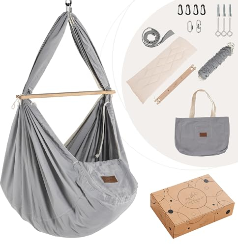 SCHMUSEWOLKE Federwiege Komplett-Set - Hängematte für Babys und Kleinkinder ab Geburt bis 3 Jahre - Bio-Baumwolle - Grey - Mit Kunstfasermatratze