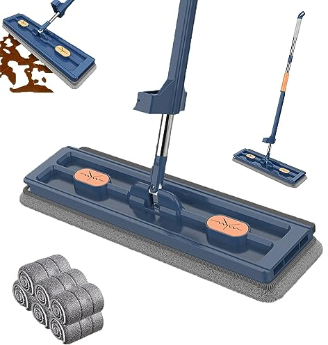 Hokuto Mocio piatto grande di nuovo stile, mocio a mani libere da pavimento magico in microfibra auto strizzante ruotabile a 360° (Blue+6pads)
