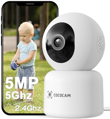 COCOCAM 5MP Camera Surveillance WiFi Interieur, 2,4/5GHz WiFi pour Bébé/Animaux, 355°P 90°T, Enregistrement 24h, Détection de Mouvement AI, Suivi Automatique, Audio Bidirectionnel, TF/Cloud