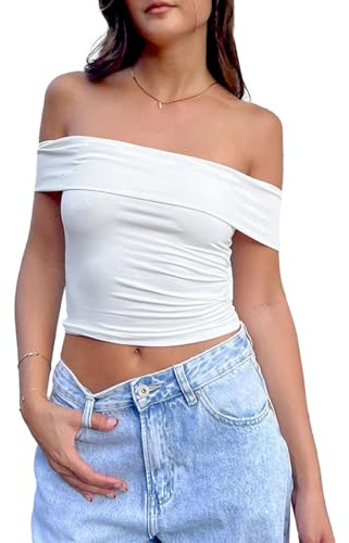 EMOTTOS Kvinnor Ruffle One-Shoulder Toppar, Elegant Veckad Ärmlös Crop Top, Sommar Sexig Off-Shoulder Ruched Midja Skjorta, Mode Smal Y2K Tee Skjortor (Vit, S-L), Vit, L