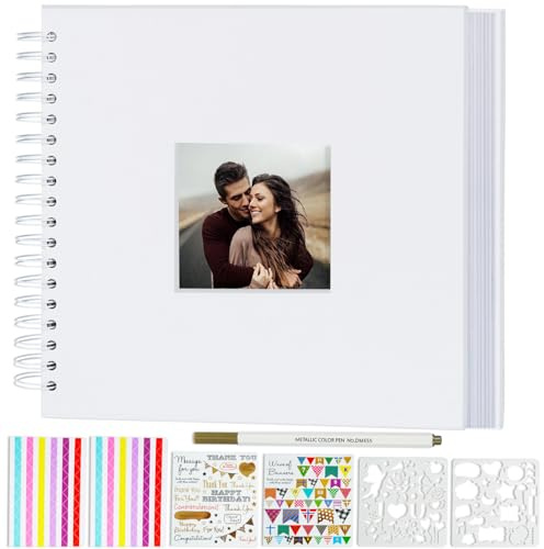 Miaikoe 20.5x20.5 cm DIY Scrapbook Album with Window Hardcover Kraft Blank Paper Scrap Book with 20 Sheets Photo Album for Guest Book, Family Wedding Anniversary (White)