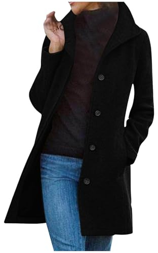 Keepink Long Coats for Women Winter Stand Collar Single Breasted Wool Coats Solid Color Cardigan Blend Peacoat Thicken Blazer Jacket Windproof Classic Slim Overcoat Clearance