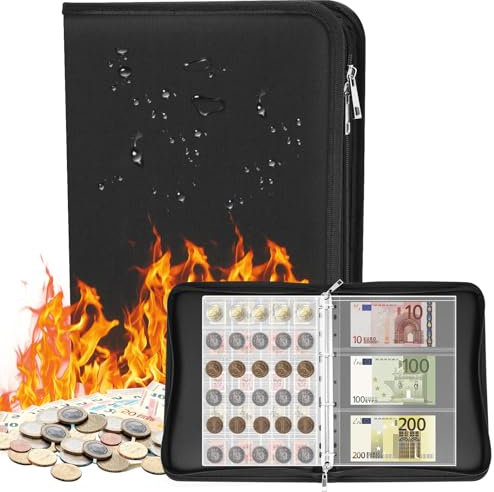 Cyiecw Album per Collezionisti di Monete in Tessuto Oxford con 180 Tasche e 36 Ttasche per Banconote e 120 Francobolli, Porta Monete Ignifugo e Banconote Commemorative per Collezionisti