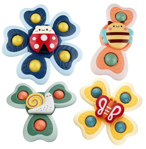 Sudnsadaks 4PCS Juguetes Bebe, Juguete Giratorio, Spinner Juguetes Baño Bebe, Sensorial Giratorios con Ventosa (Abeja Mariquita Caracoles Mariposa) Diversión y Estimulación Sensorial para Bebés