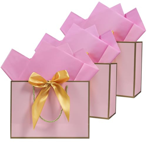 LYINUR 3Pcs Gift Bags for Presents, Medium Gift Bag with 6 Wrappers for Mother's Day Valentines Birthday Wedding Bridesmaid Party Bags for Her Him, 28 x 20 x 10 cm, Pink - Gold