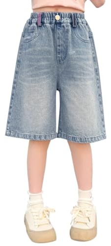 Mjjsk Short en jean pour filles taille haute élastique en denim bermuda pour adolescentes jean ample lâche jean d'été tendance vêtement de rue pour enfants, 12-13 ans