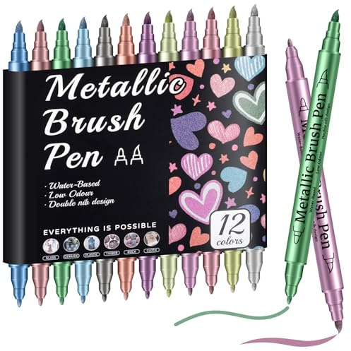 Prudiut 12 Pack Metallic Markers, Dual Tip Metallic Paint Pens, Water Based Acrylic Markers for Black Paper & Rock Painting, Scrapbooking Supplies, Marker Set for Glass, Wood