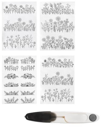 KQDRAVINE 4 Feuilles Stabilisateur Broderie avec Ciseaux, Papier Hydrosoluble Broderie, Solubles dans l'eau Motifs Floraux pour Débutants DIY