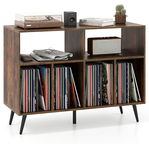 GOPLUS Meuble Vinyle à 3 Niveaux pour Disques Vinyles, 100 x 40 x 74,5 CM, Meuble Platine Vinyle avec Support Tourne-disque, 5 Pieds en Métal et 2 Dispositifs Anti-bascule, Buffet pour Salon et Bureau