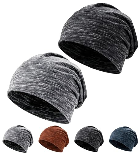 Nicewa 2 stycken beanie-mössor för män och kvinnor, randig slouch unisex stickad mössa mössa, mjuk andningsaktiv lång mössa, lätt vindtät tunn cykelmössa för vår höst vinter, Svartgrå, one size