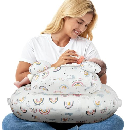Hoyiyobi Cojín de Lactancia con Borde de Seguridad,con Correa Ajustable y Funda de Algodón Extraíble,Almohadas para Alimentación,Patrón de Arcoíris