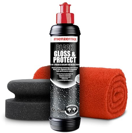 Menzerna Black Gloss & Protect Kit de polissage pour voiture 250 ml + éponge de polissage + chiffon | Pâte de polissage noire avec scellant pour peintures métalliques foncées | Kit de polissage pour