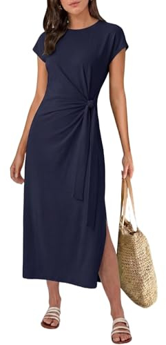 GRECERELLE Vestido midi de verano para mujer con lazo en la cintura, casual, manga corta, acampanado, vestidos fluidos para mujer, Reino Unido