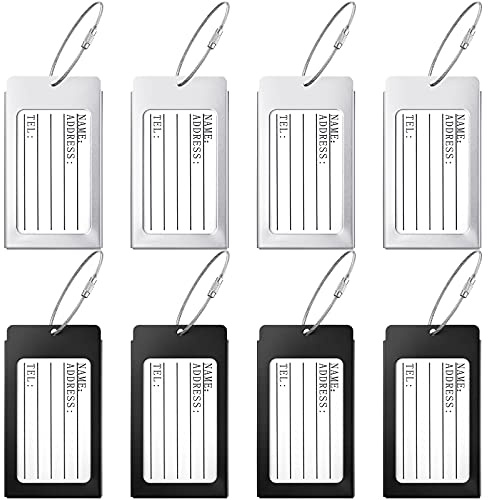 8 Pieces Luggage Tags Business Card Holder Aluminium Metal Durable Travel ID Bag Tag Bulk for Suitcases Backpacks Baggage Name Address Label Identifier(Silver, Black)