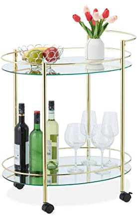 Relaxdays Servierwagen, 2 Ebenen, verspiegelter Luxus Barwagen, HxBxT: 79x68x45 cm, drehbare Rollen, Glas & Metall, Gold