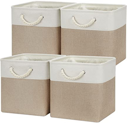 Temary 4 Pack Cube Storage Bins Cloth Baskets for Shelf, Fabric Storage Cubes 12 x 12 Baskets Gift Empty Toy Baskets for Kids, Dog Toy Baskets for Storage (White&Khaki)