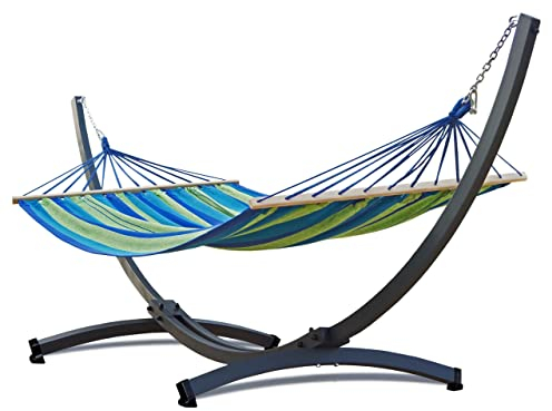 Potenza Outdoor Hängematte mit Verzinkter Tytan Gestell für 2 Personen I Stabhängematte XXL 220x160, 200kg I Hängemattengestell 350 kg Wetterfest (Grün-Blau, Basic Gestell Graphit)