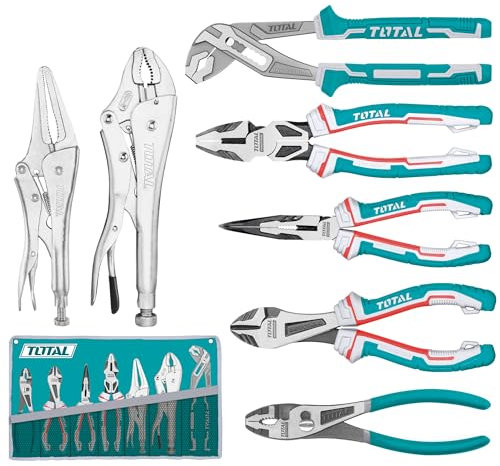 TOTAL - Juego de 7 Alicates, Tenazas y Mordazas | 1 Tenaza | 4 Alicates | 2 Mordazas | Mango Ergonómico Bimaterial | Acero al Carbono