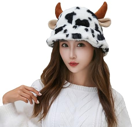 BSYLOO Chapeau bob à imprimé vache avec cornes en peluche – Parfait pour les femmes et les filles
