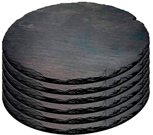 Tradineur - Pack de 6 Platos de Pizarra Redondos, Bandeja para hosteleria, Servicio y degustación, Canto rústico, Tabla de Piedra Natural para Servir Aperitivos - Ø 25 cm