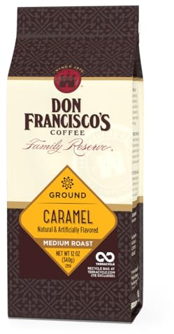 Don Francisco's Café molido de caramelo, tostado medio, sabor 100% arábica, bolsa de 12 onzas, café premium para goteo, vertido y prensa francesa