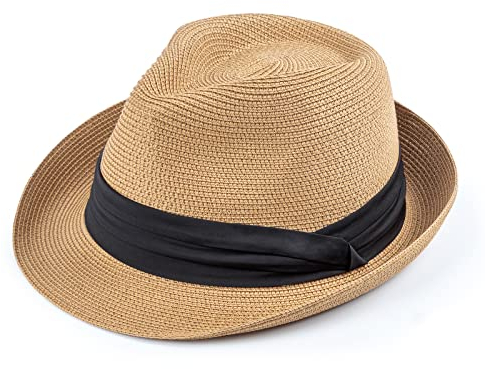 DRESHOW Damen Panama Hut Breiter Krempe Stroh Sommer Fedora Strohhut Panama Aufrollen Hut Strand Rollbar UV Sonnenhut UPF 50 +