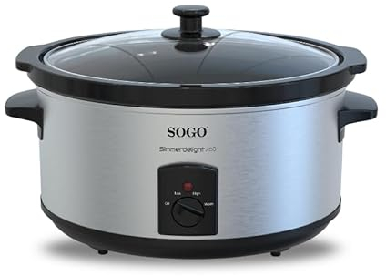 Sogo Olla de Cocción Lenta 5,5L con 3 Funciones de Cocción - Olla Eléctrica de Cocción con Tapa de Cristal Templado para Control - Olla para Cocinar Apta para Lavavajillas con Asa de Tacto Frío