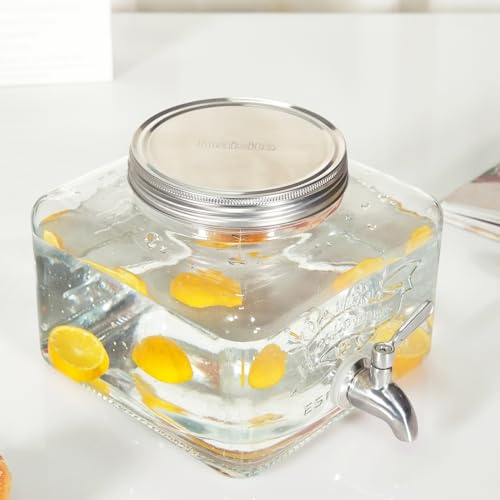 maisite 3.5L Getränkespender (Glas) mit Zapfhahn (Edelstahl) - Kühlschrank Wasserspender mit Wasserhahn, Getränkespender Glas Nachfüllbarer Eiswasserbehälter mit Deckel für Kalte Getränke