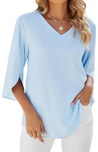 SHEKINI Camicia Donna Elegante a Manica a 3/4 Top Blusa Maglia Casual Tessuto in Chiffon Scollo a V Manicotto Split Abbigliamento Donna