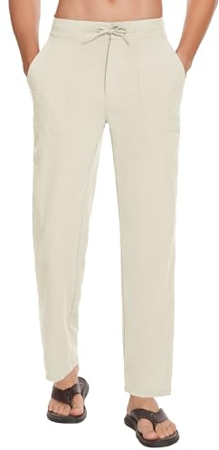 SEVEGO Mens Casual Linen Pants 36'' Elastic Waist Drawstring Straight-Legs Summer Beach Loose Fit Trousers Beige, M