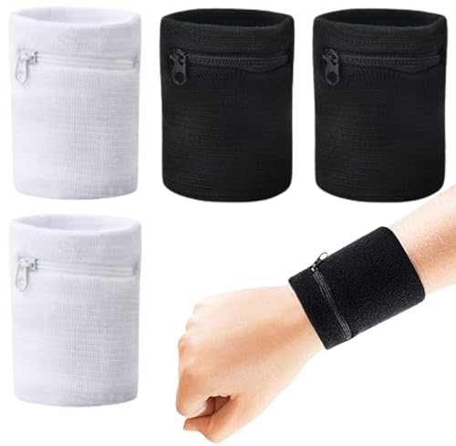 Dokeno 4 Stück Schweißband mit Reißverschlusstasche Sport Handgelenktasche Schweissband Handgelenk Schweißbänder Sport Schweißband Wristbands für Jogging Walking Basketball Laufen