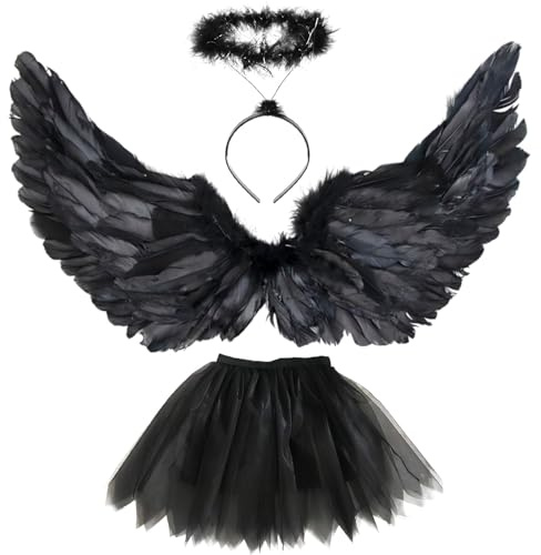 Sunshine Smile Costume d'Ange Noir pour Adulte - 3 Pièces - Ailes et Jupe Tutu - 68 à 90 cm - Pour Femme et Enfants