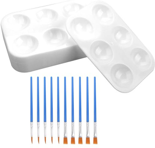 KATIMI 20 Stück Mischpalette Acrylfarben, Mischen Kunststoff, 6 Gitter Palette Rechteckige, Farbmischpalette mit 10 Pinsel für Wasserfarben Öl Acryl Malerei Gouache (8.5 × 12 cm)