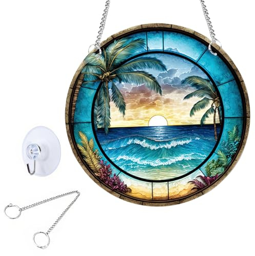 Atrapasol 20 cm Atrapasoles Ventana Acrílico de Doble Cara con Cadena Colgante y Ventosa Atrapasol Acrílico de Vidrio de Colores Adecuado para Ventanas, Patios, Paredes(Estilo Atardecer en la Playa)