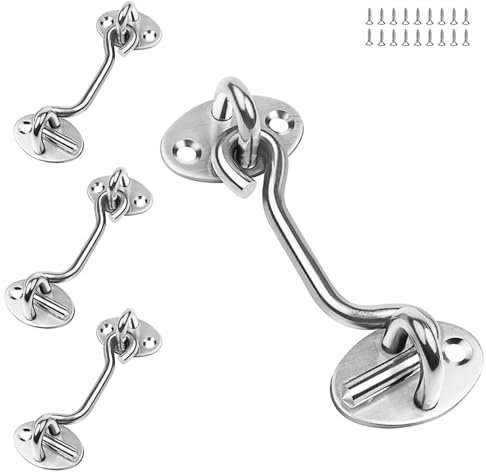 CHSEROK 75mm Storm Hooks Stainless Steel 4 Pieces Cabin Hooks Storm Hook with Eye with Locking Hook and Eye with Screw for Locking Windows, Garages and Shed Doors (Silver)
