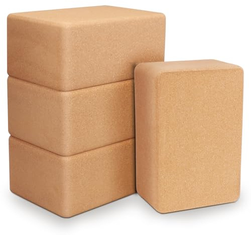 4 Pack Cork Yoga Blocks, 22 x 15 x 10 cm Natural Cork Blocks for Women Men, Lightweight Non-Slip Yoga Bricks for Yoga, Pilates, Stretching, Exercise