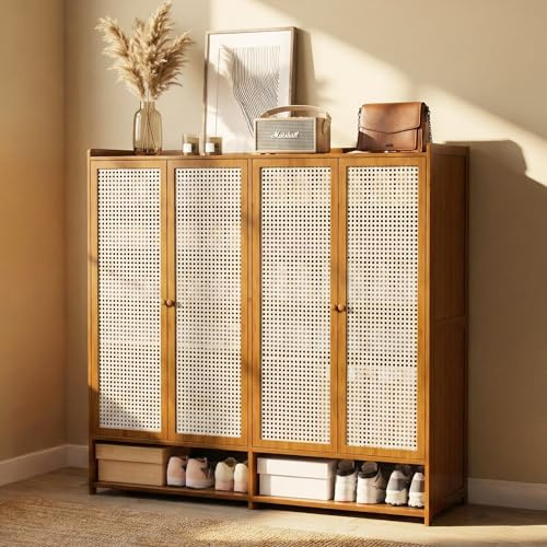 O5ceanLuxe Upgraded Shoe Storage Cabinet,39 Pairs Rattan Shoe Cabinet Storage,8 Tier 45 Tall Large Shoe Cabinet,Boho Farmhouse Cabinet with Doors for Hallway Living Room Closet(47.2 W 8 Tier)