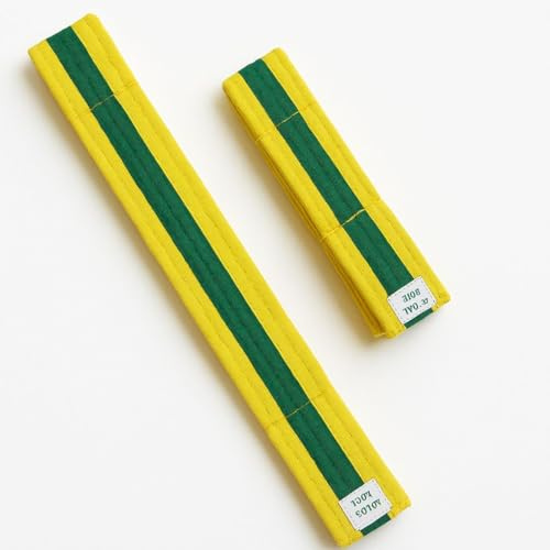 Martial Arts Yellow Belt with Green stripe, Karate, Taekwondo, Judo, Kickboxing, Adult 280cm and Children Sizes 150cm (Adults 280cm)
